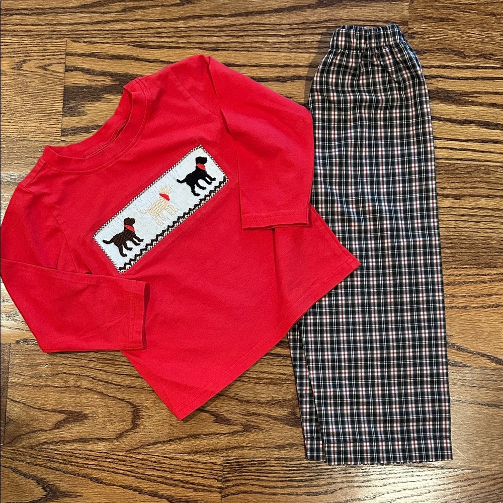 Red Boys Smocked shirt with Plaid Pants